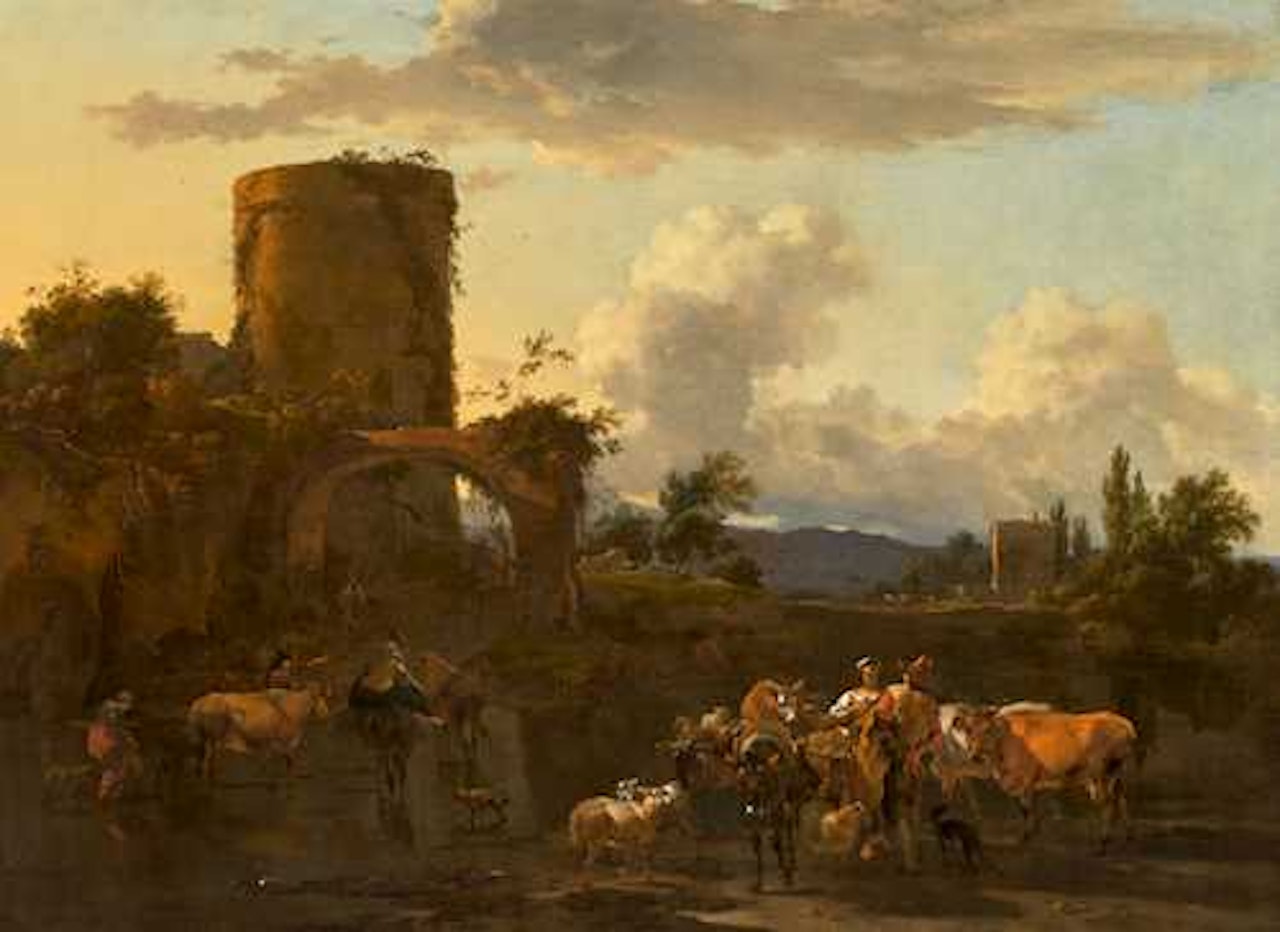 Mediterranean landscape at sunset with herders and ruins by Nicolaes Pietersz Berchem