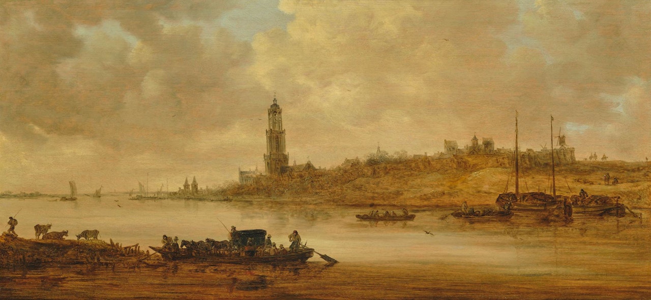 A ferry with a four horse carriage in front of a view at Rhenen by Jan van Goyen
