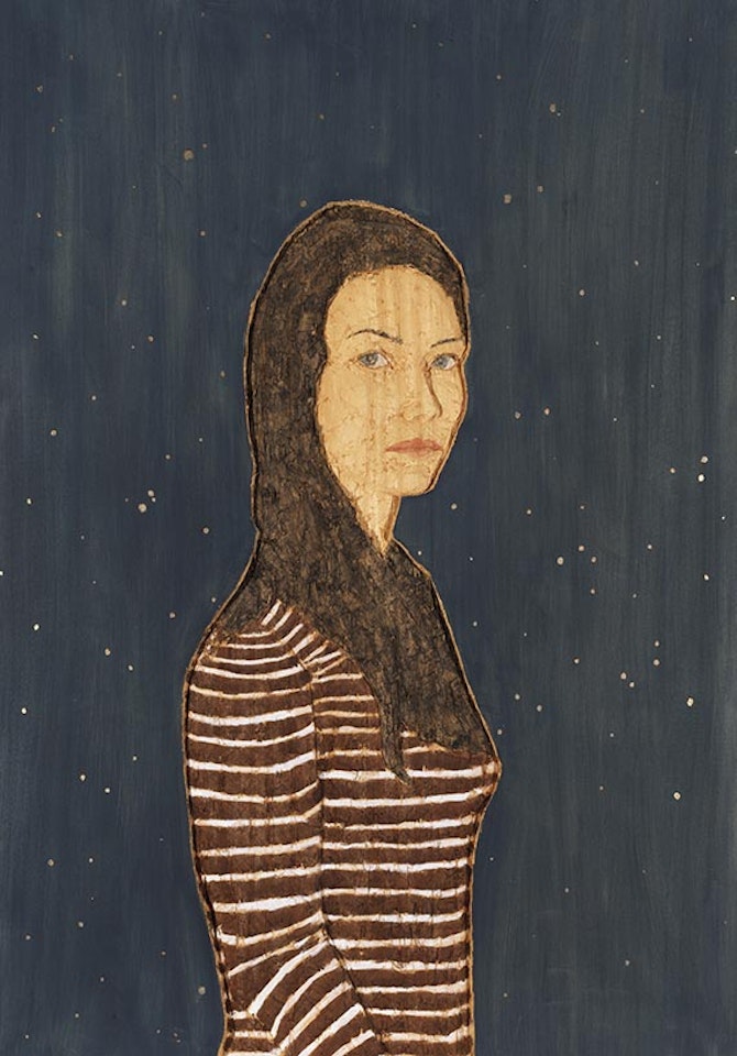 Woman with darkblue background with stars by Stephan Balkenhol