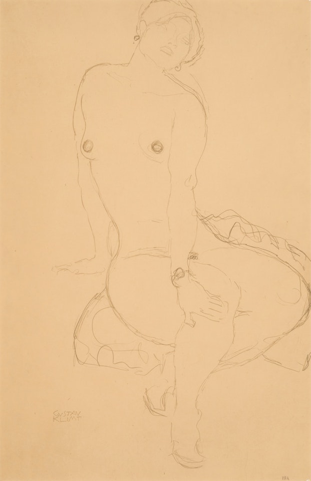 Sitzender Akt von Vorne, den linken Arm auf das rechte Knie gelegt (Seated Nude, Viewed from the Front, Her Left Hand Resting on Her Right Knee) by Gustav Klimt