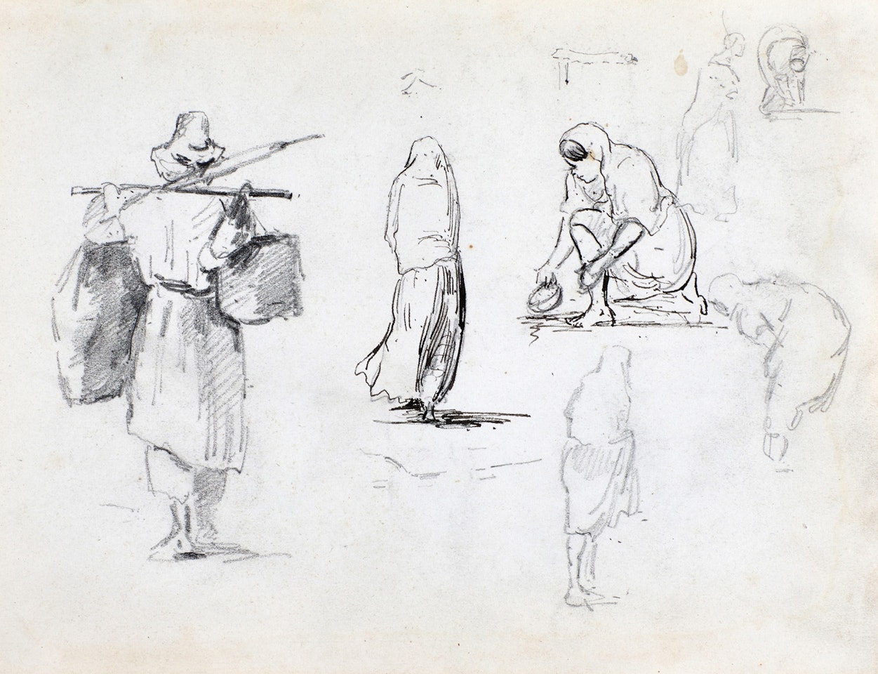 Un homme portant deux paniers et études de femmes by Camille Pissarro