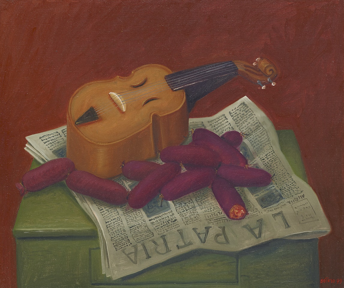 Still Life with Violin and Sausages by Fernando Botero