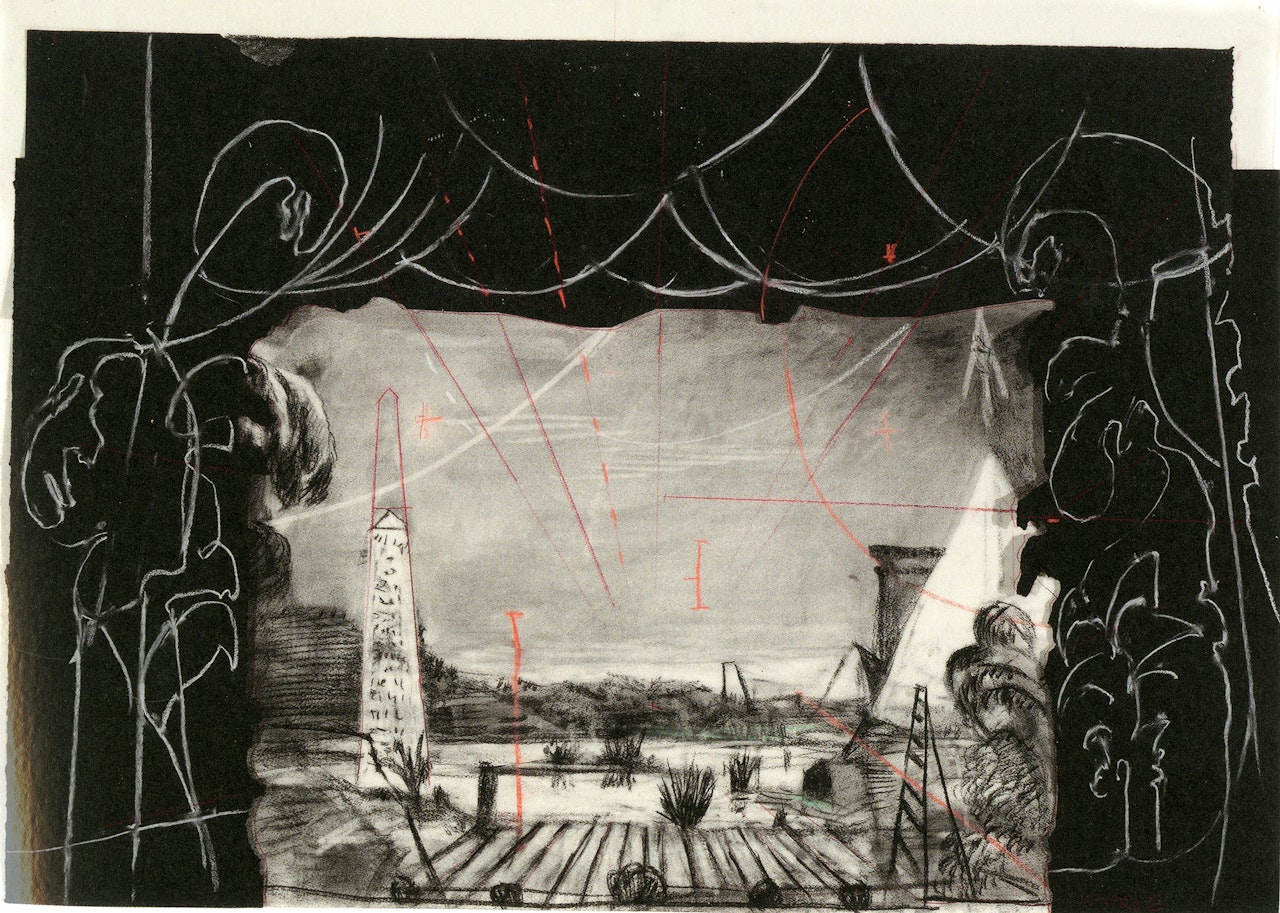 Drawing from "Preparing the Flute" (Stage with Black Curtain) by William Kentridge