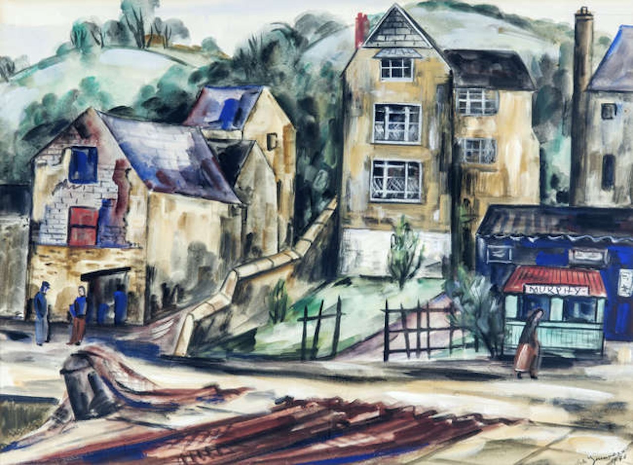 A Harbour Village with Figures and Nets Drying by Norah McGuinness