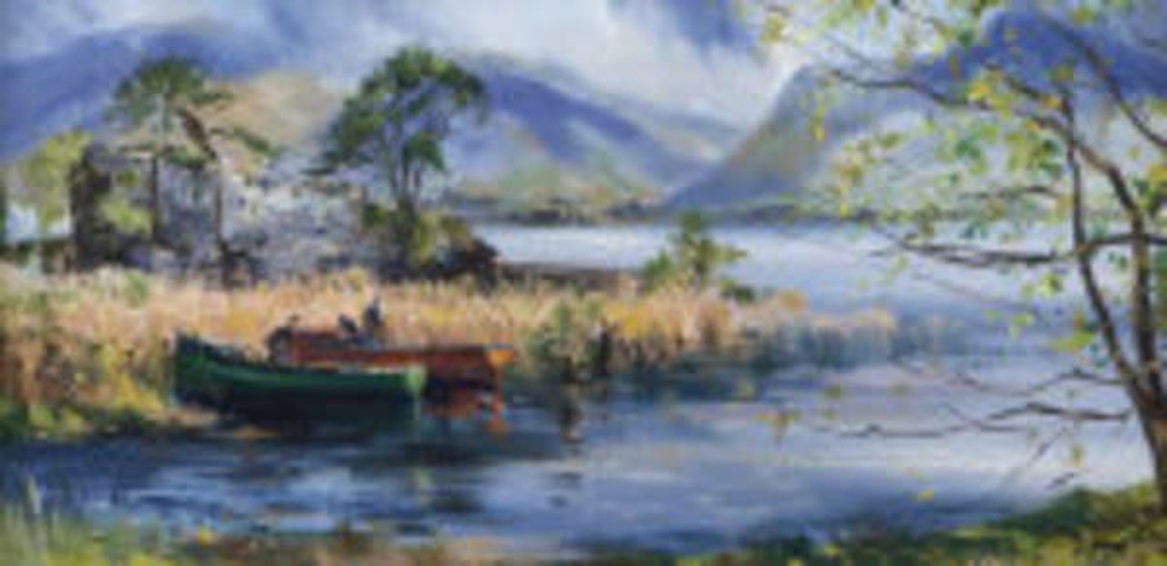Fishing boats on a lake by Kenneth Webb