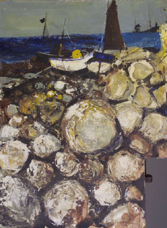 Fishing Boats on Rocky Shore by Kenneth Webb