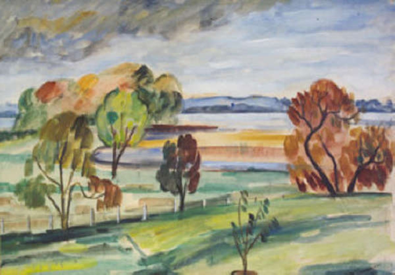 Pastoral landscape with distant mountains by Norah McGuinness