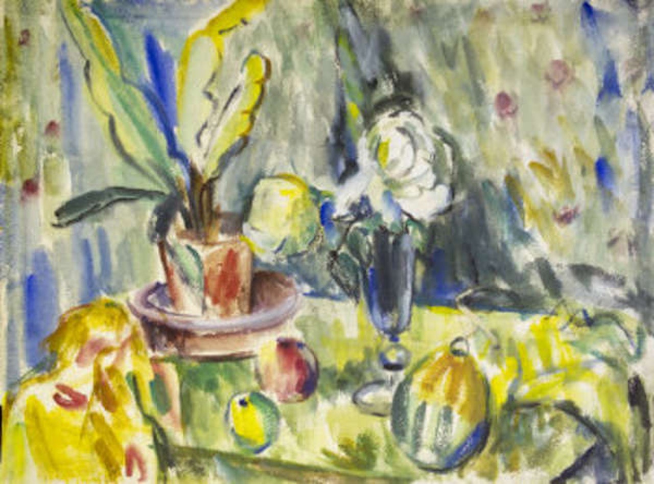 Still life with roses and Pot plant on table by Norah McGuinness