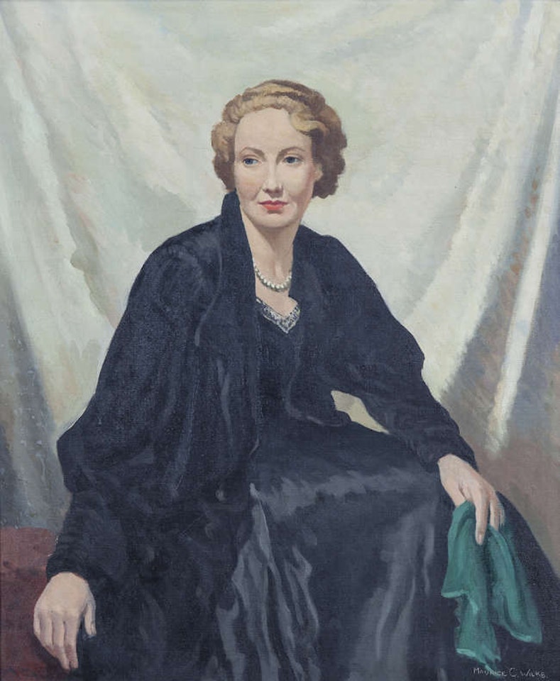 Portrait of a Lady, wearing black dress and jacket holding a green scarf by Maurice Canning Wilks