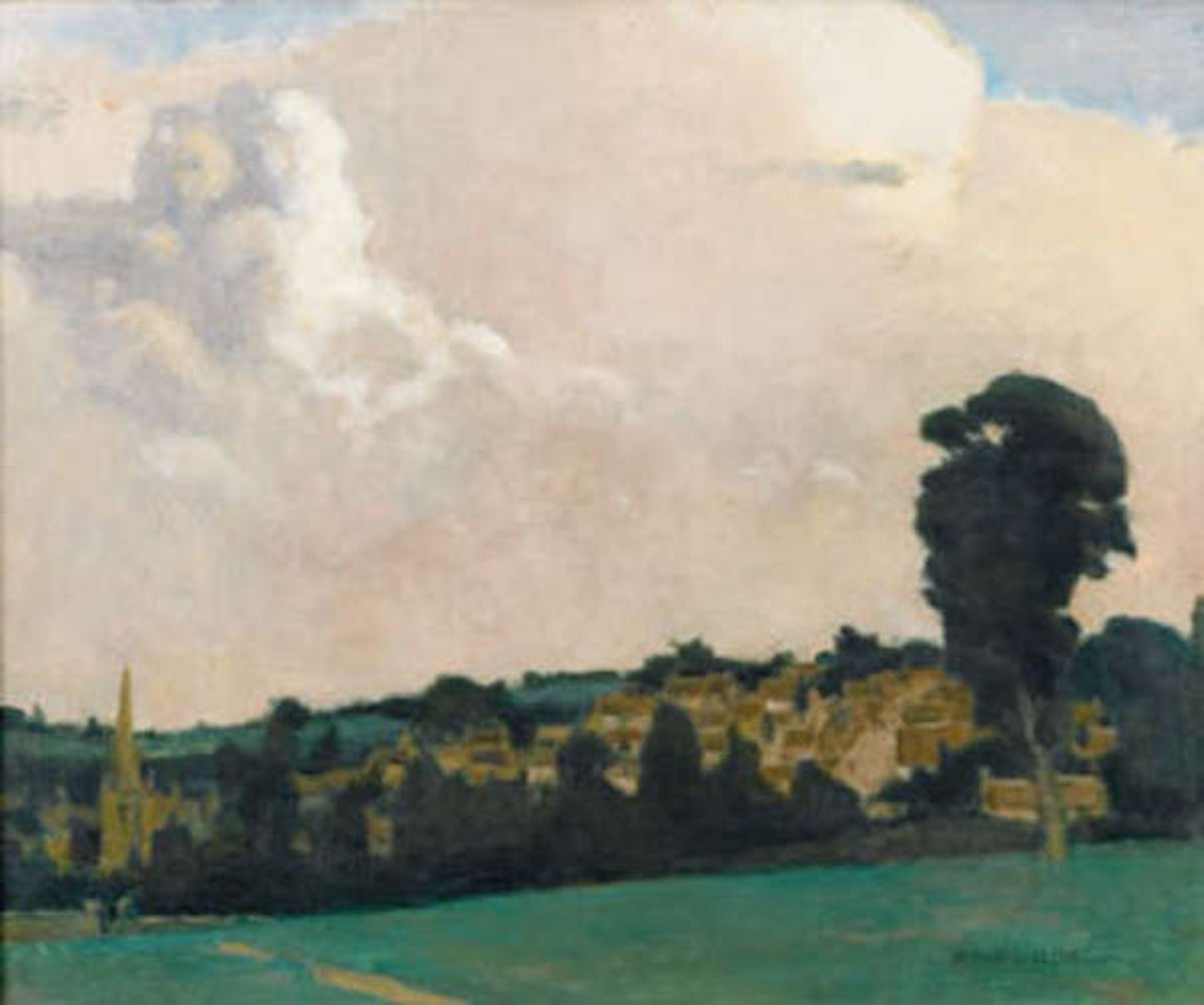 Village view from across a field by Norman Garstin