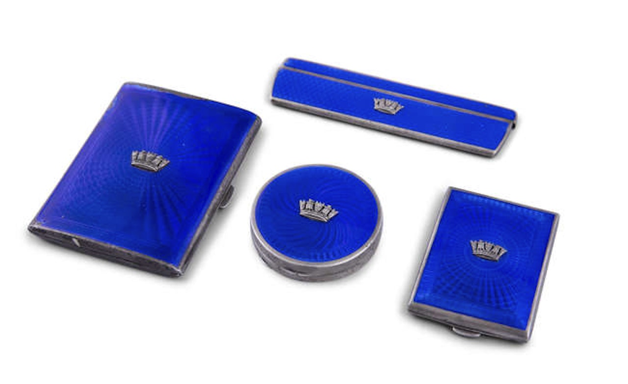 A SUITE OF BLUE ENAMEL MOUNTED SILVER BIJOUTERIE; a cigarette case by Unknown Jewelry Maker