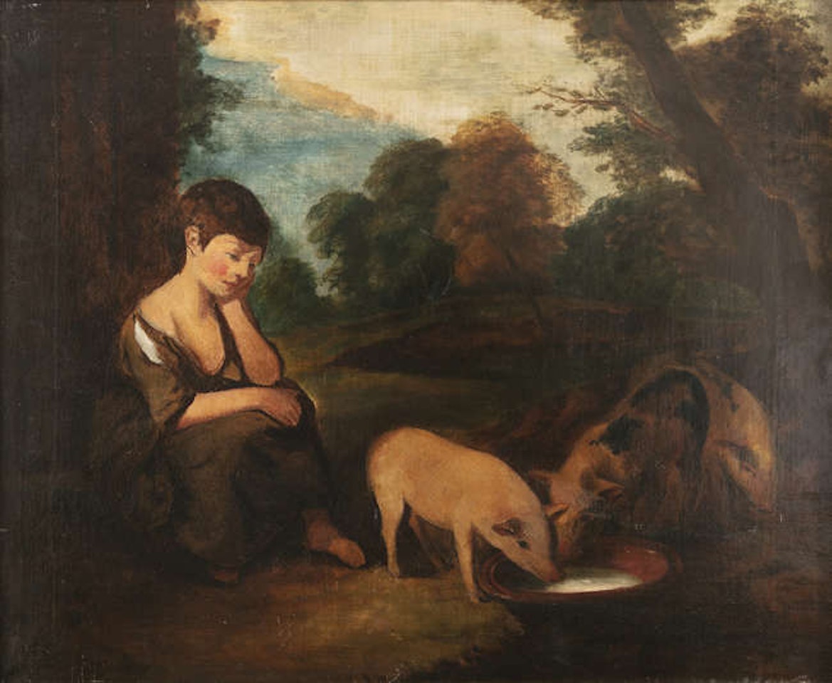 A Girl with Pigs in a Landscape by English School