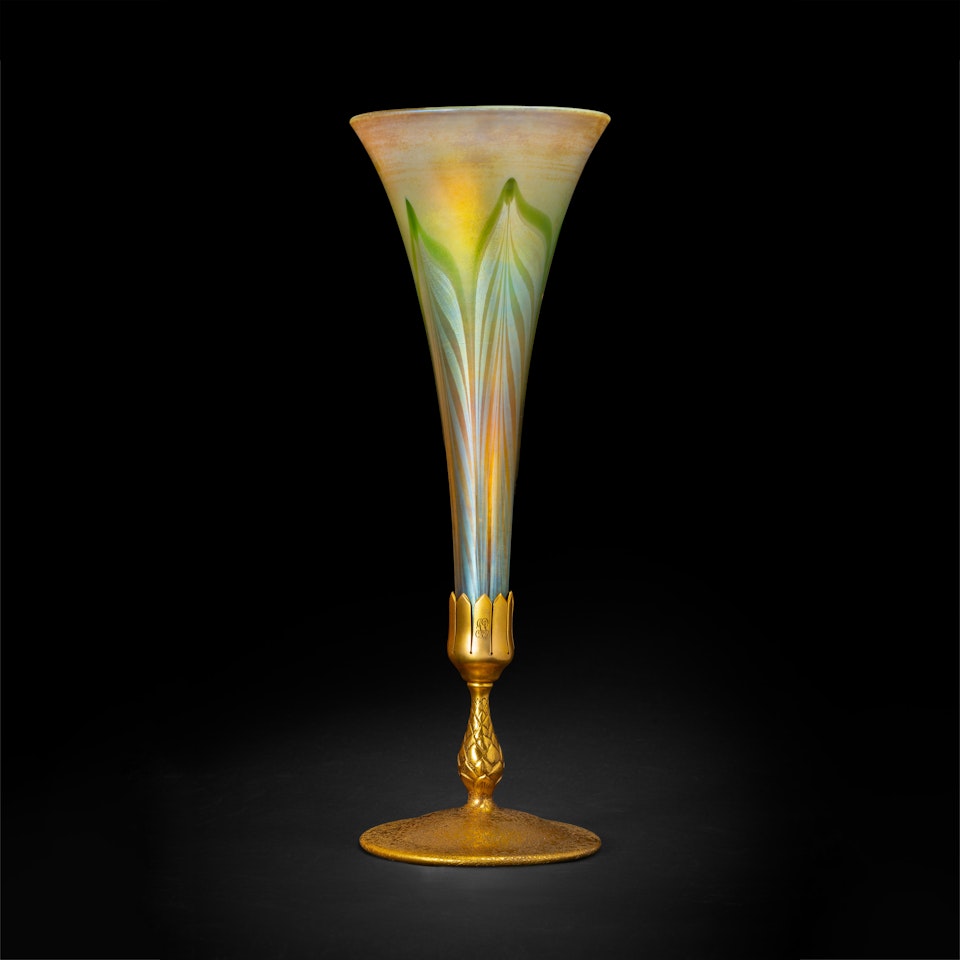Decorated Trumpet Vase on Stand by Tiffany Studios