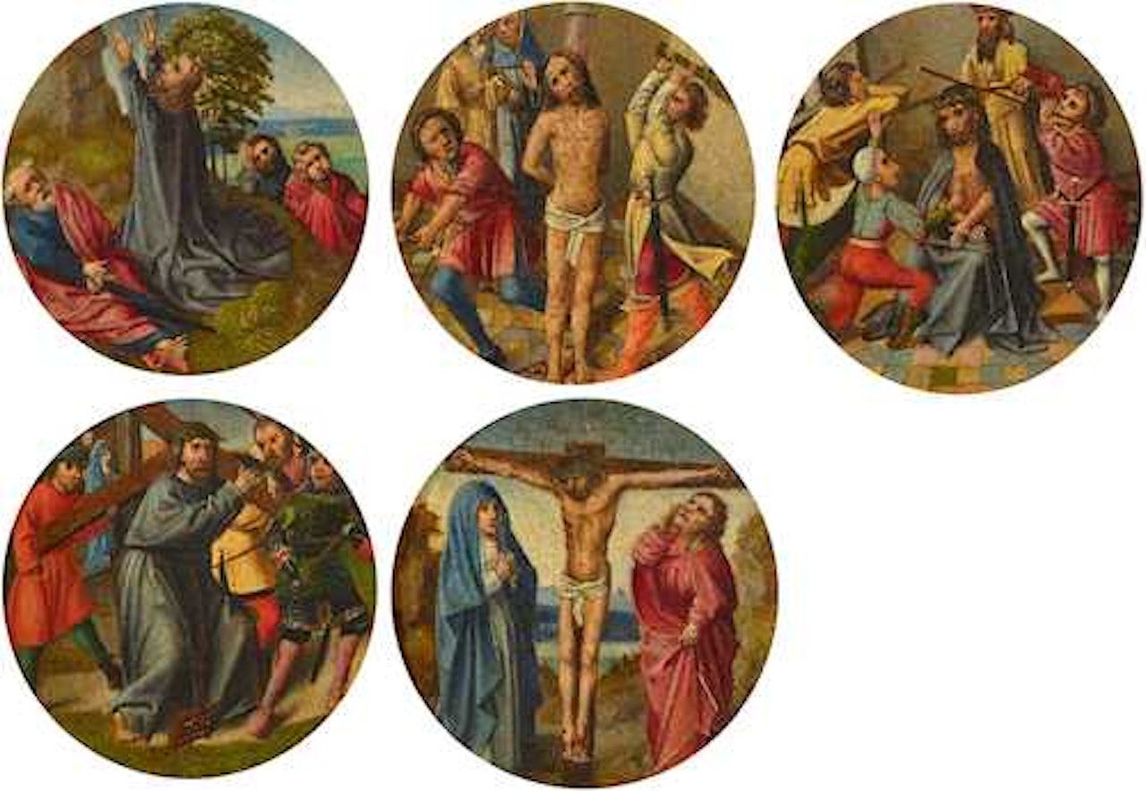 Five tondos with scenes from the Sorrowful Mysteries of the Rosary by Flemish School