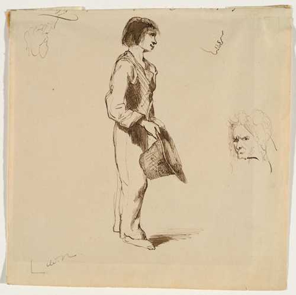 Boy in a hat, head and profile study on one sheet. by Odilon Redon