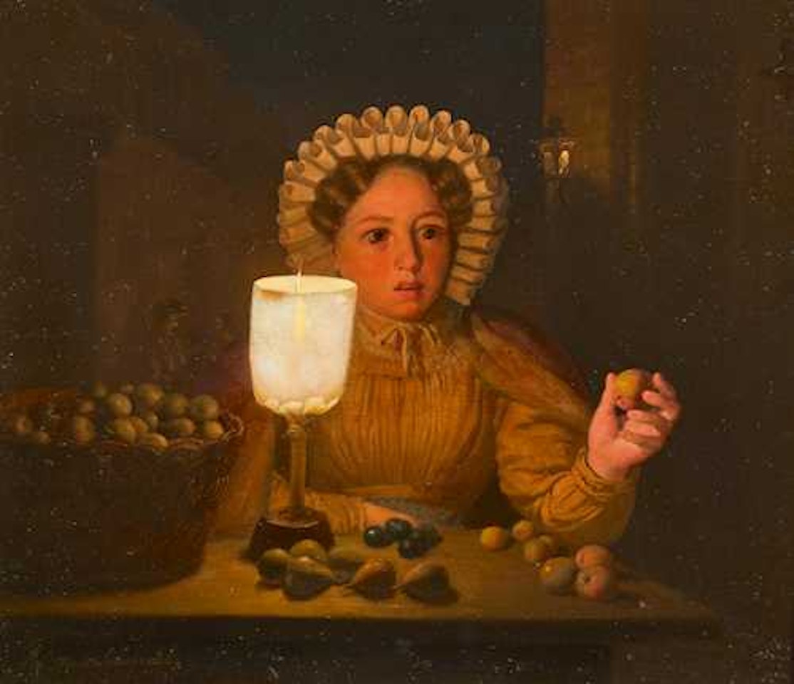 A young woman at the night market by Petrus van Schendel