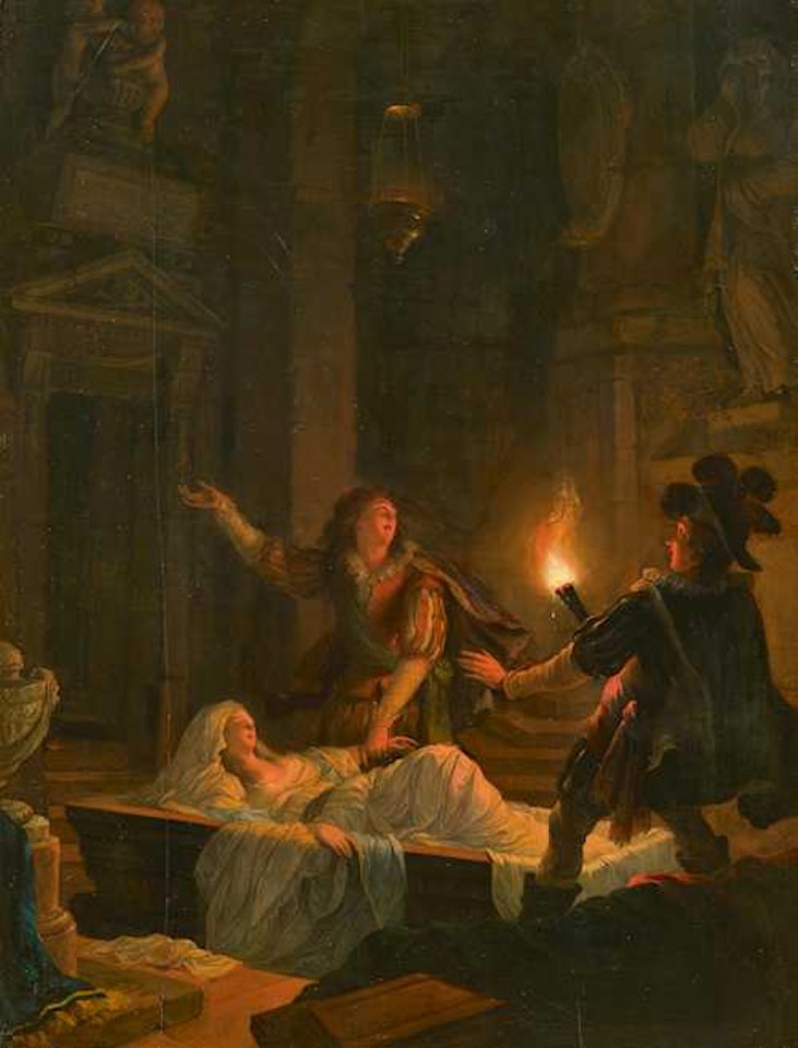 Romeo and Juliet with Balthasar in the crypt by Petrus van Schendel