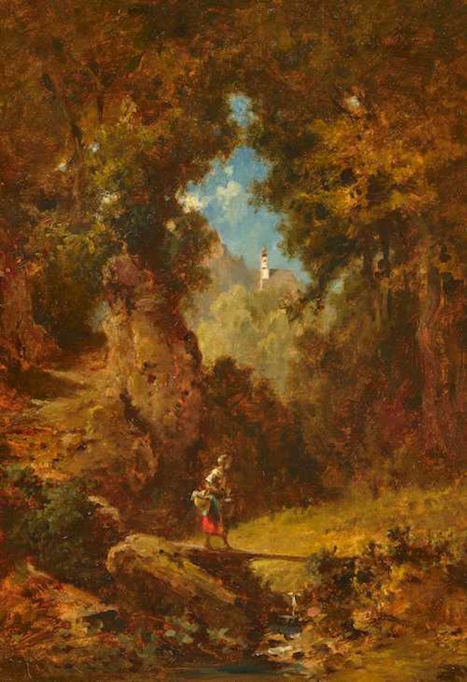 Mädchen im Walde auf einem Bachsteg (A girl in the forest on a plank bridge) by Carl Spitzweg