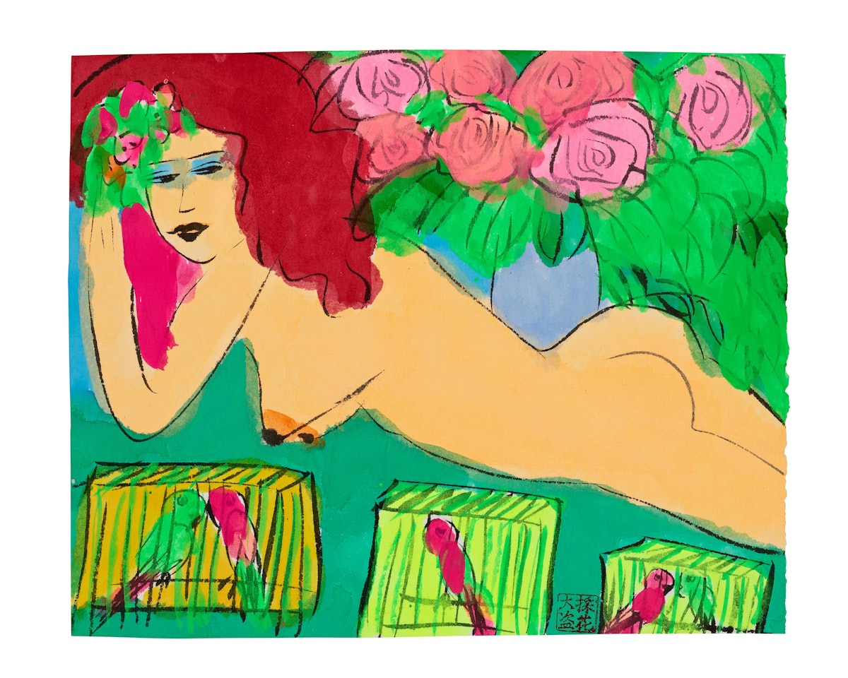 Nude with Love Birds and Roses by Walasse Ting