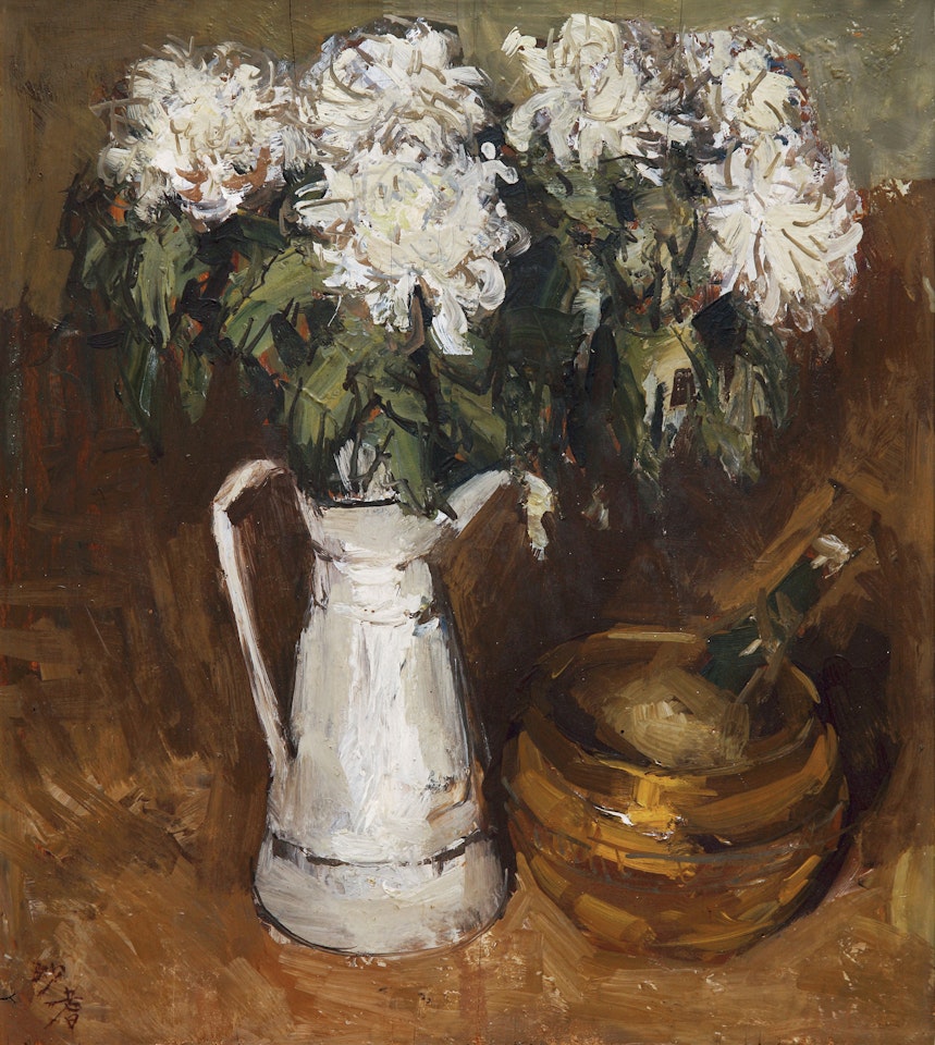White Chrysanthemums in Vase by Sha Qi