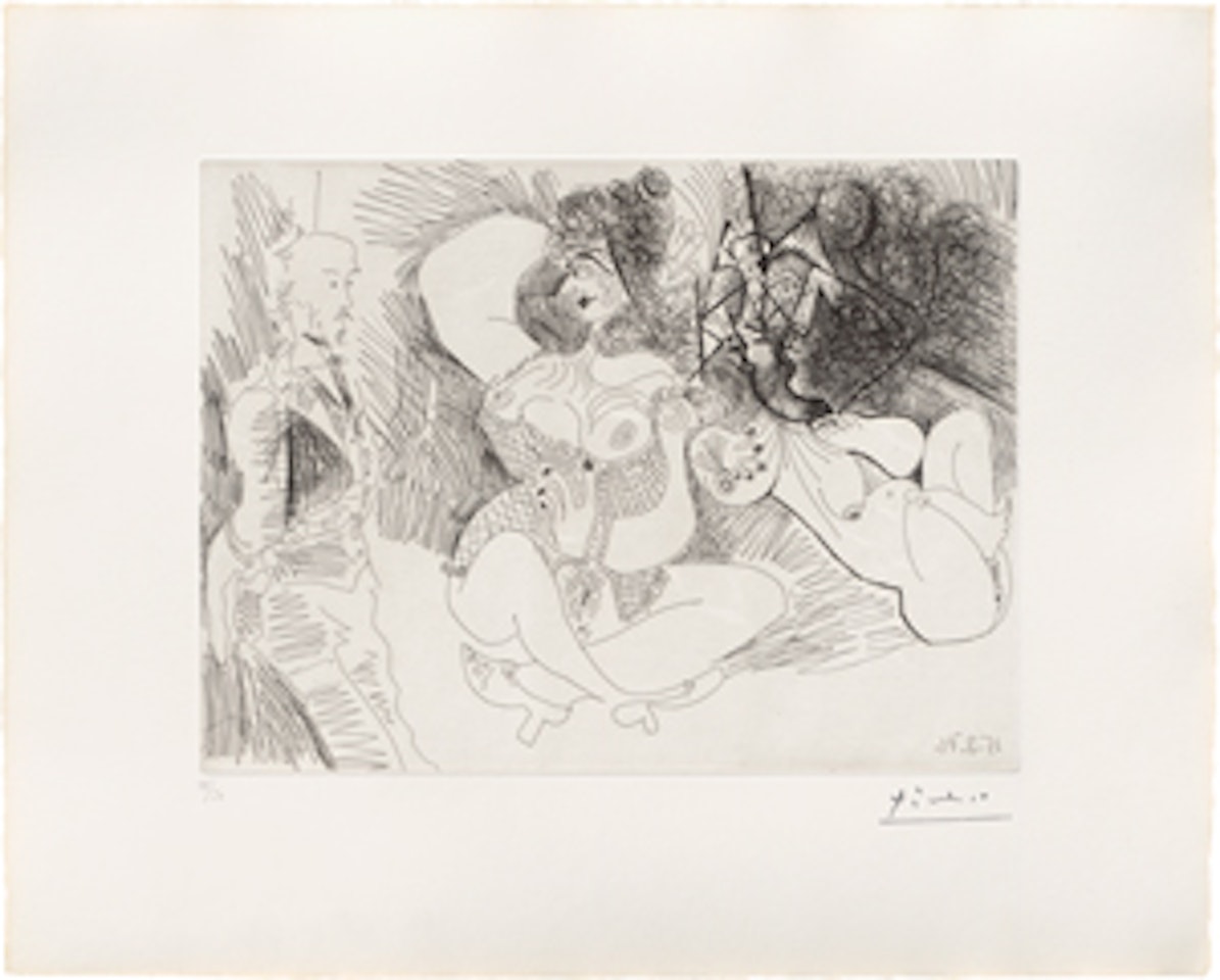 Degas et deux filles, dont une en cours de transformation en oeuvre d"art by Pablo Picasso