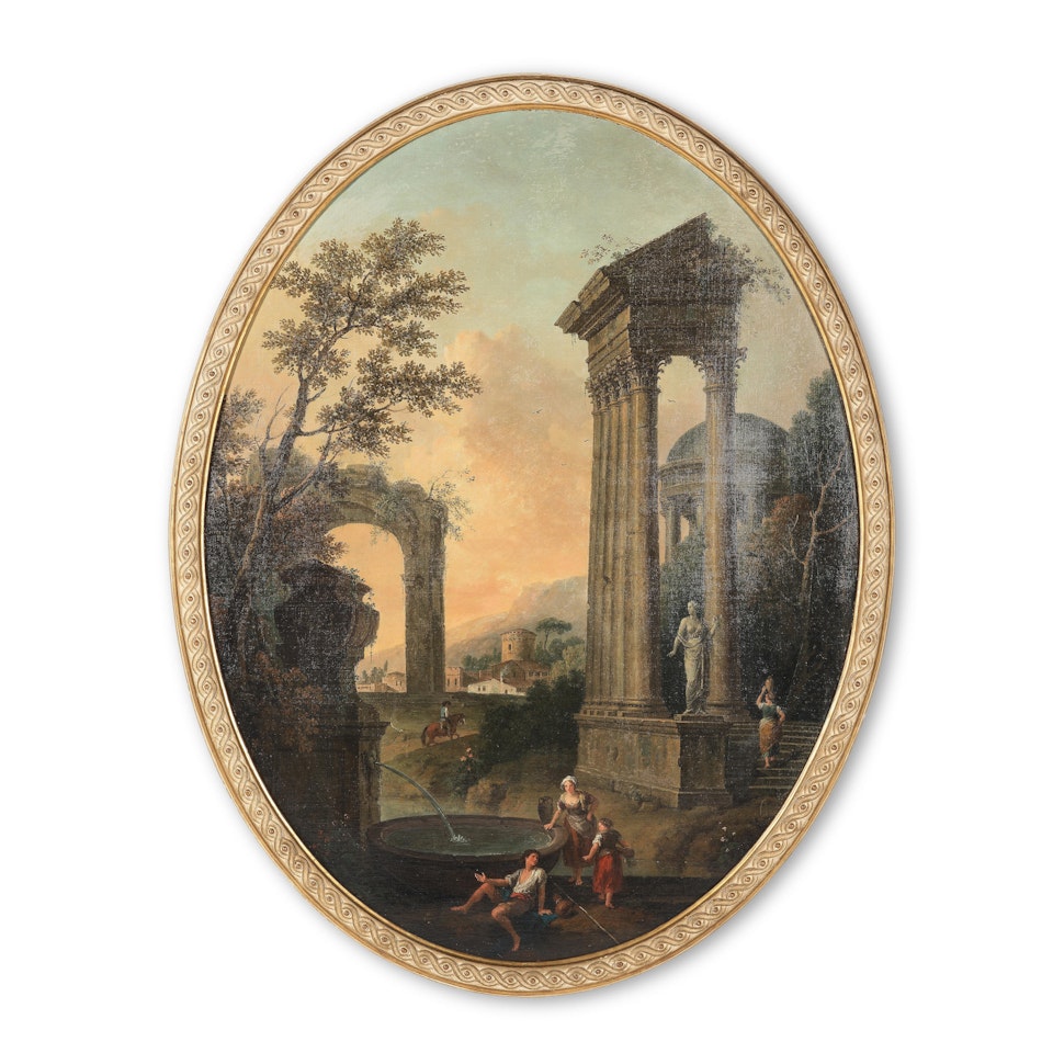 Caprice d"architecture avec figures proche d"une fontaine ; Caprice d"architecture avec dessinateur by Francesco Zuccarelli