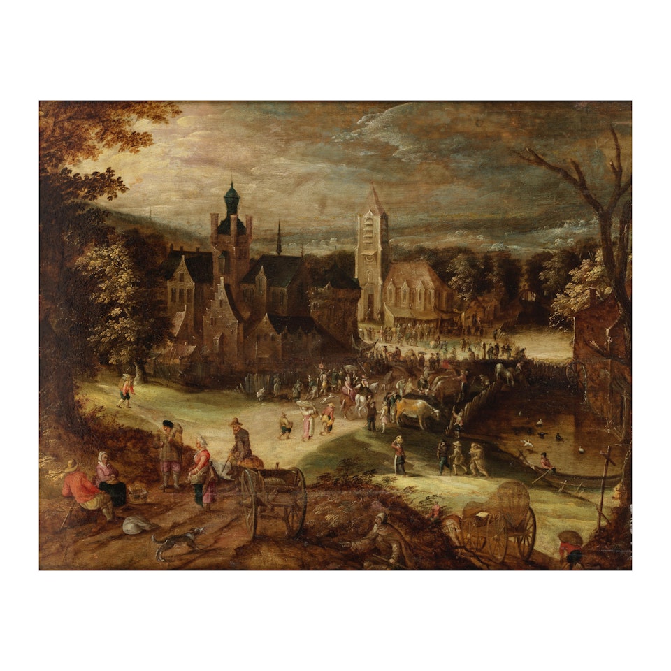 Paysage flamand animé d"une scène de marché by Flemish School