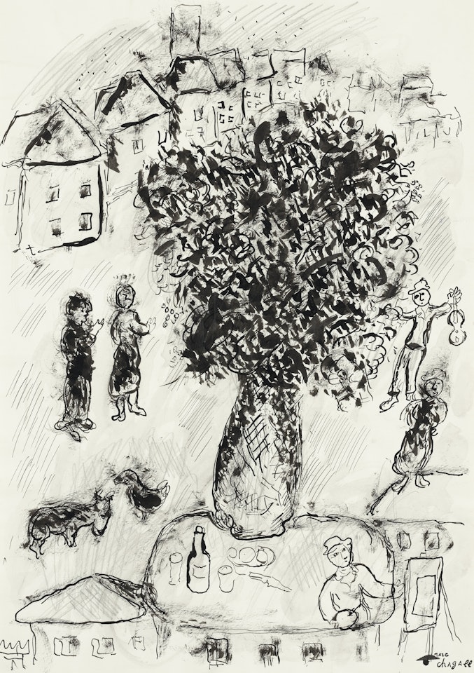 Grand bouquet sur le toit-table du village by Marc Chagall