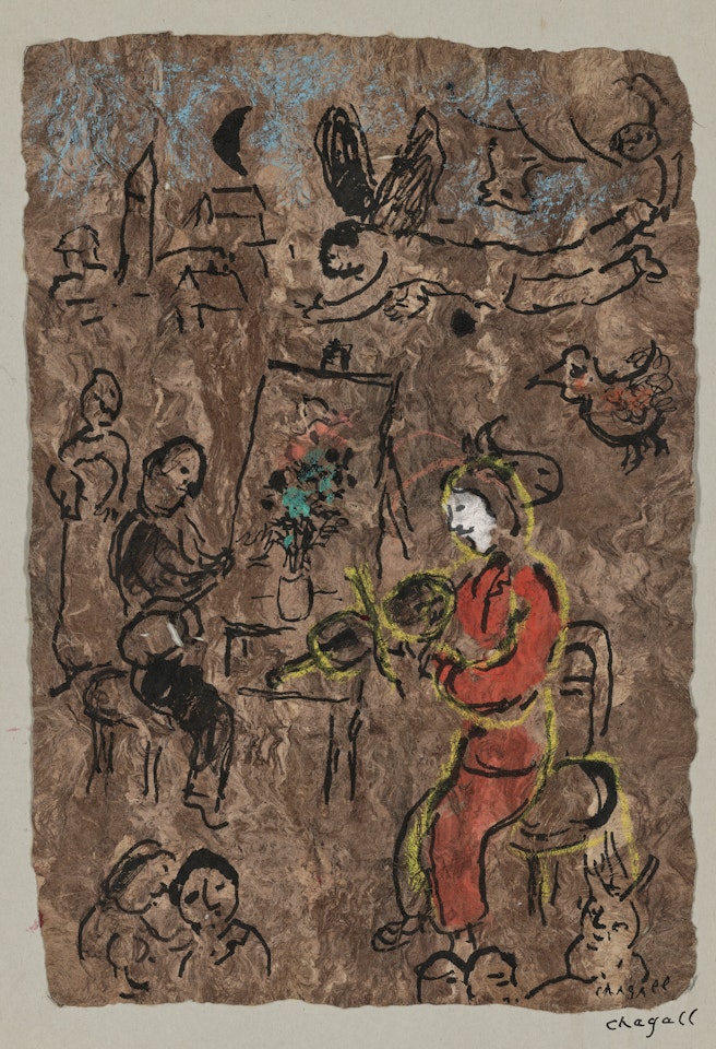 Peintre et violoniste en rouge sur fond brun by Marc Chagall