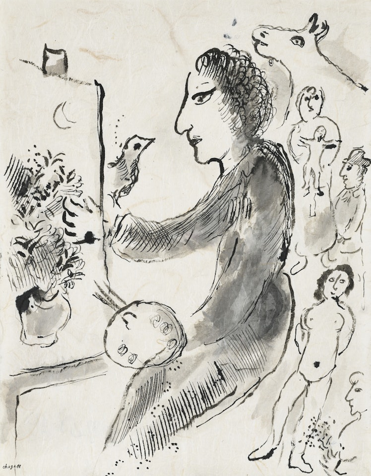 Le peintre au chevalet sur fond animé by Marc Chagall