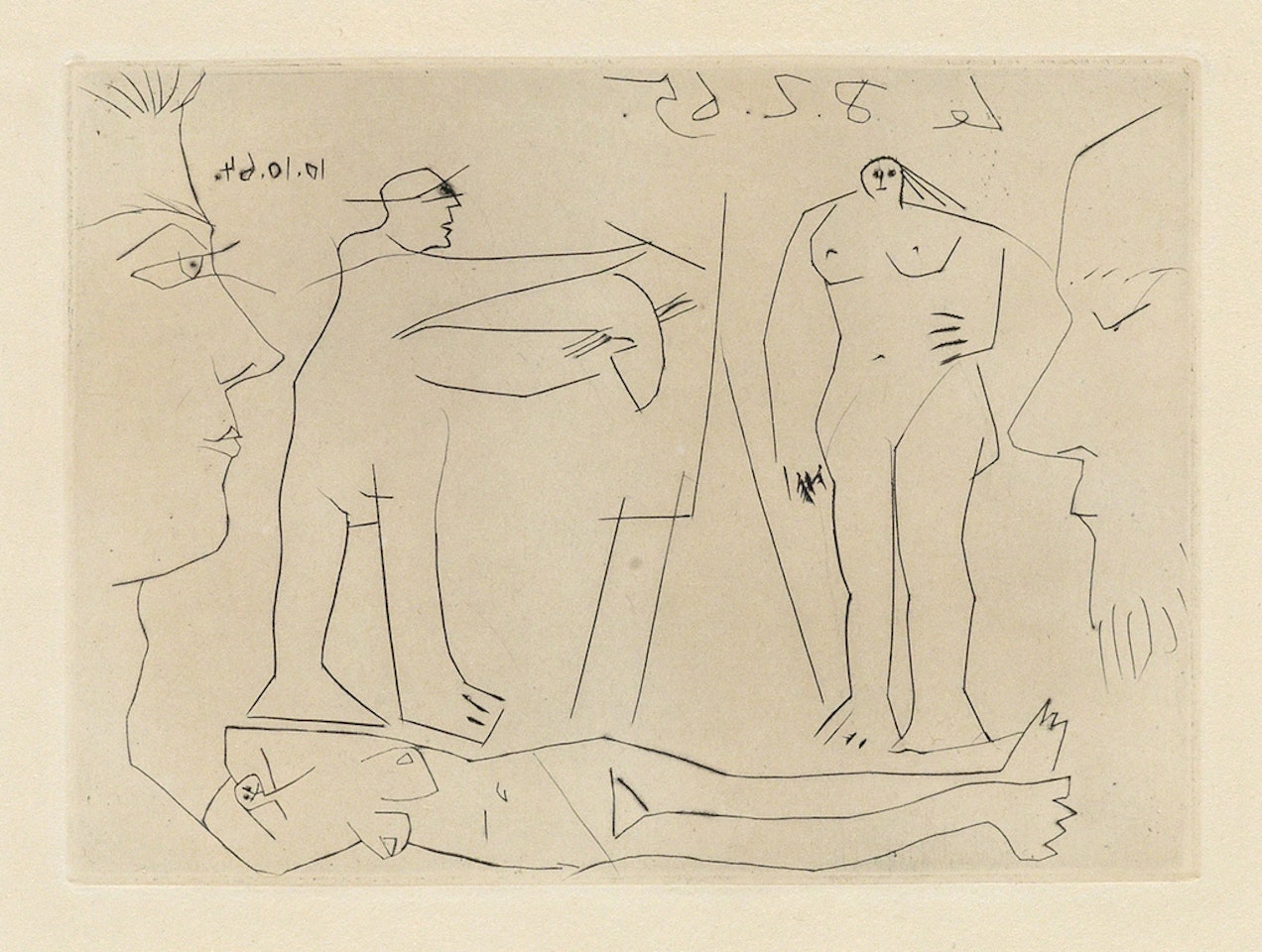 Peintre et modèle avec femme nue allongée et deux spectateurs by Pablo Picasso