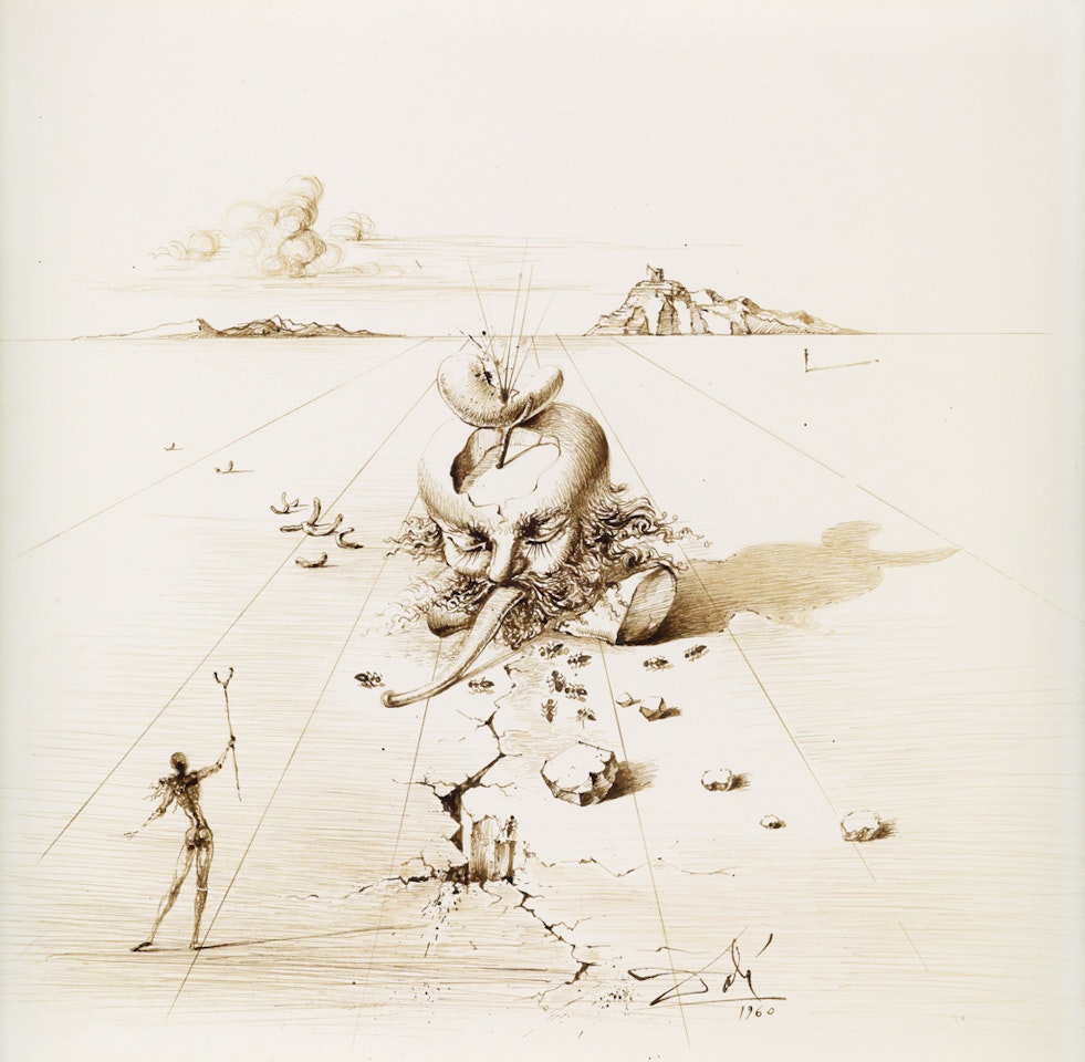 Landscape with a Surrealist Head and Standing Figure by Salvador Dali