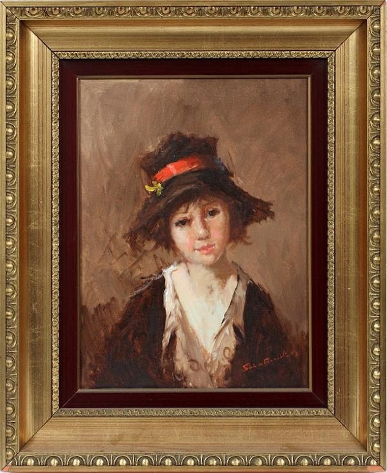 Portrait of young girl wearing hat by Italian School
