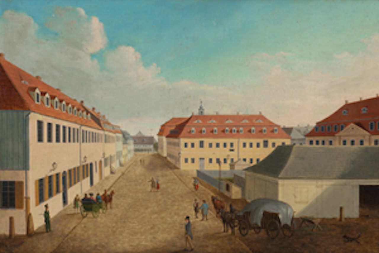 Straße in einer kleinen Stadt mit Staffage, um 1800 by German School