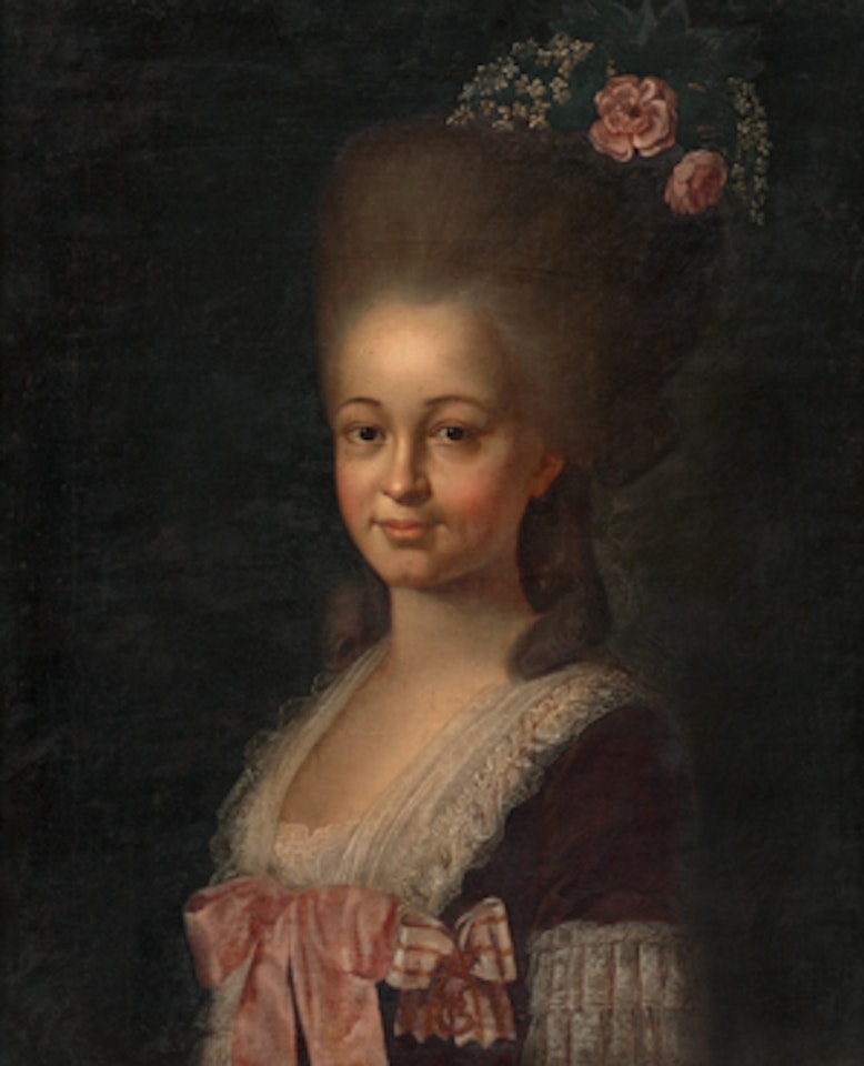 Bildnis der Henriette Gebhard im Alter von 27 Jahren mit blumengeschmücktem Haar und schleifenverziertem Spitzenkleid by German School