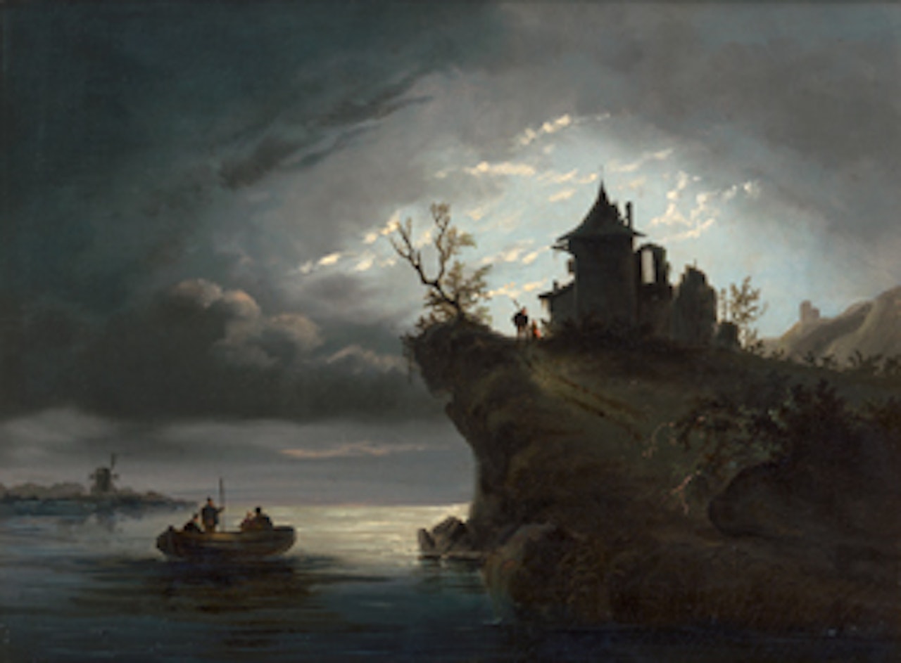 Ruine im Mondlicht an einem Fluss, 19. Jh. by Dutch School