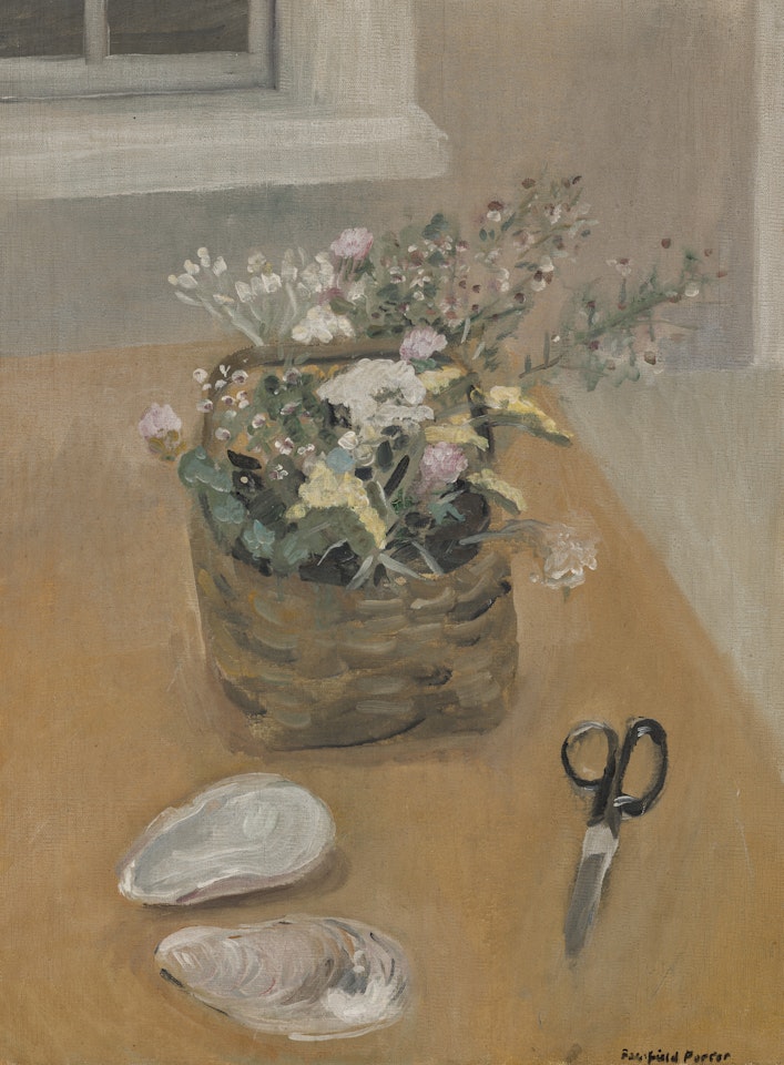 Still Life with Flower Basket, Shells, Scissors by Fairfield Porter