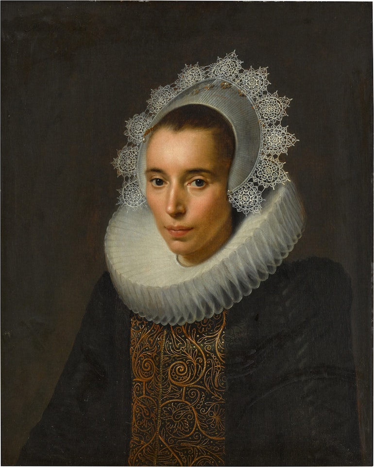 Portrait of a lady, half-length, wearing a black dress with a gold-embroidered stomacher, a white ruff and lace head-dress by Paulus Moreelse