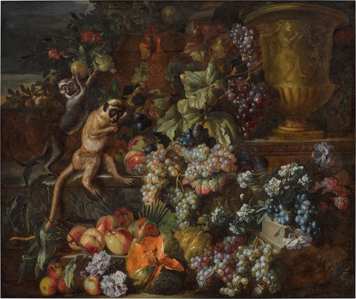 Still life of grapes, peaches and melons cascading over a ledge with monkeys by Jean Baptiste Monnoyer