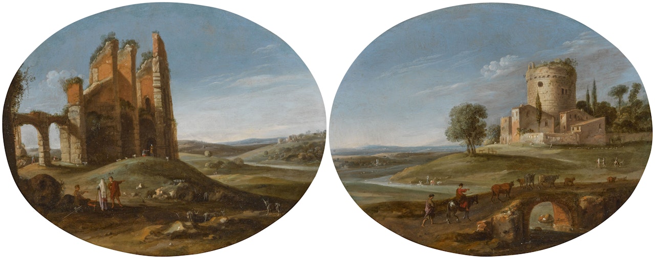 A pair of views of the Roman campagna: one depicting the tomb of the Plauti and Ponte Lucano; the other the edge of the Colosseum by Roman School