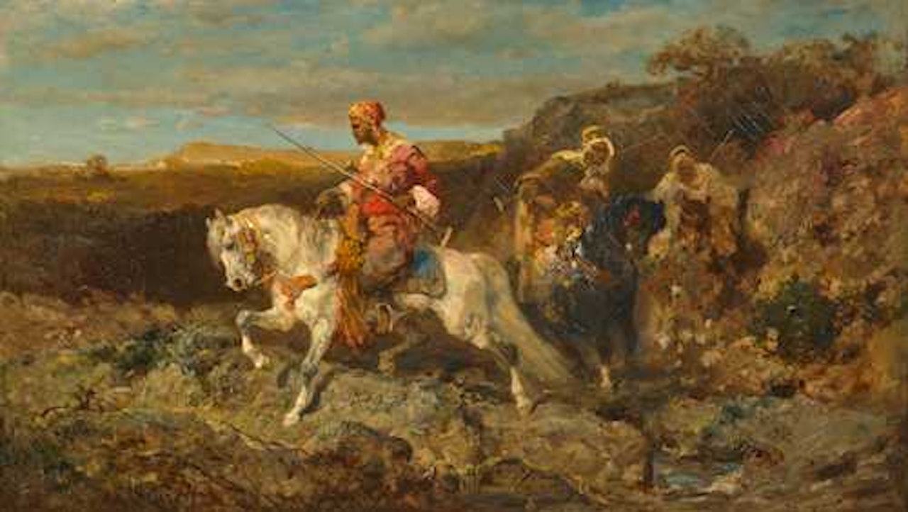 Arab horsemen in a stony desert. by Adolf Schreyer