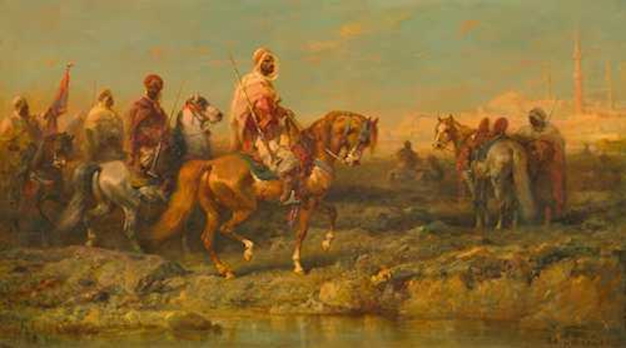 Arab horsemen before a town. by Adolf Schreyer
