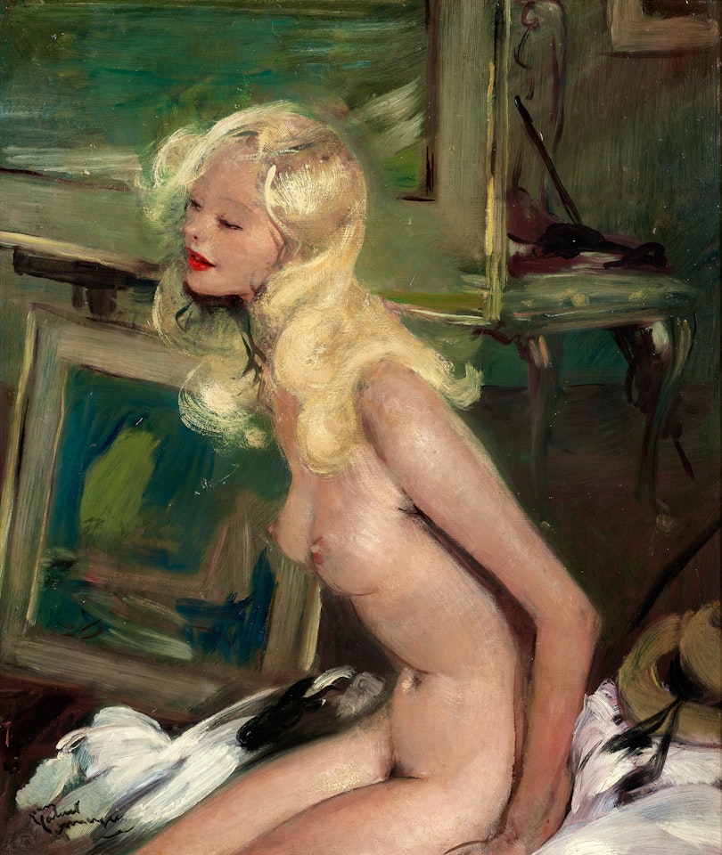 Modèle assis sur un lit by Jean Gabriel Domergue