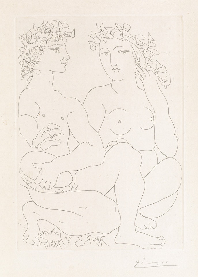 Jeune Couple accroupi, l'homme avec un Tambourin by Pablo Picasso