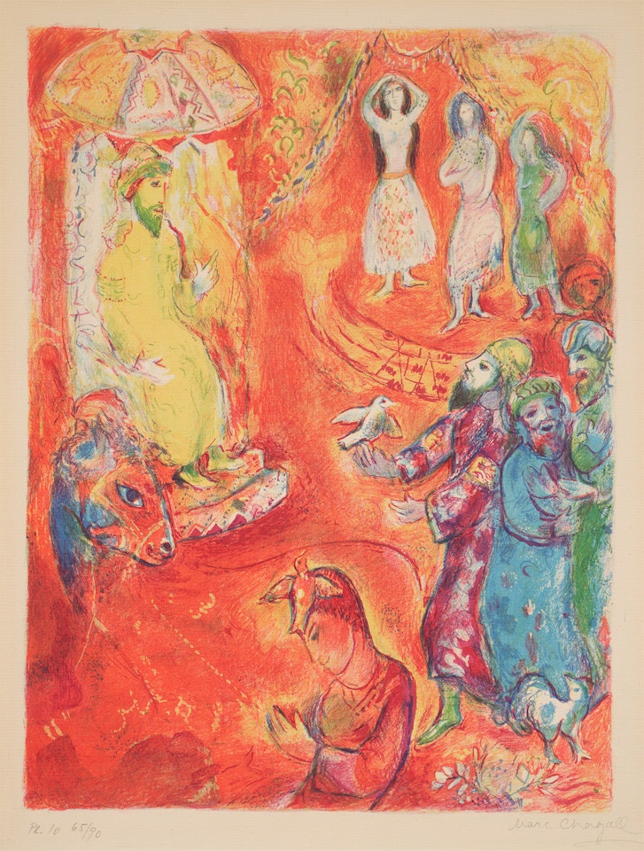 Now the King loved science and geometry and one festival day as he sat on his kingly throne there came in to him three wise men...: plate 10, from Four Tales from the Arabian Nights (M. 45, see C. bks 18) by Marc Chagall