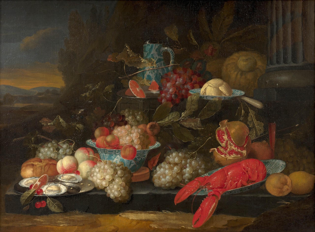 Homard et coupes de fruits dans un paysage; Lobster and bowl of fruits in a landscape by Jan Pauwel Gillemans