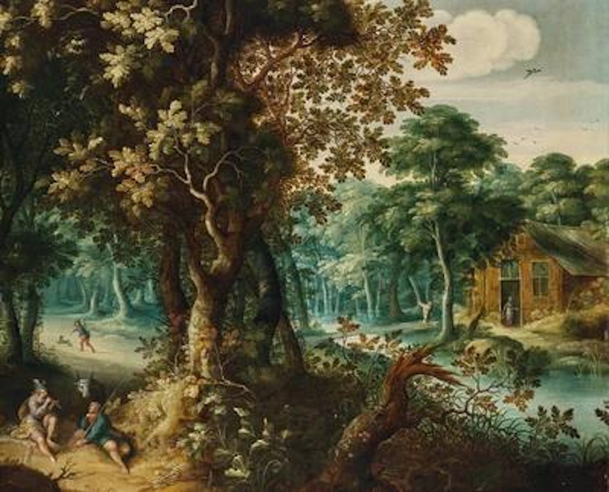 A wooded landscape with Mercury playing Argus to sleep with his flute by Abraham Govaerts