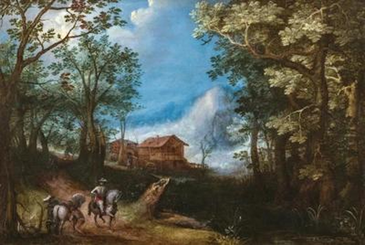 A wooded landscape with travellers by Adriaen van Stalbemt