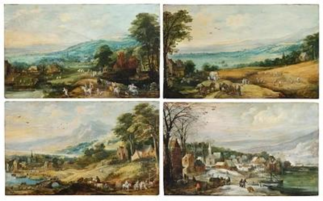 Spring with duck hunting; Summer with corn harvest; Autumn with grape harvest; and Winter village landscape by Joos de Momper the Younger