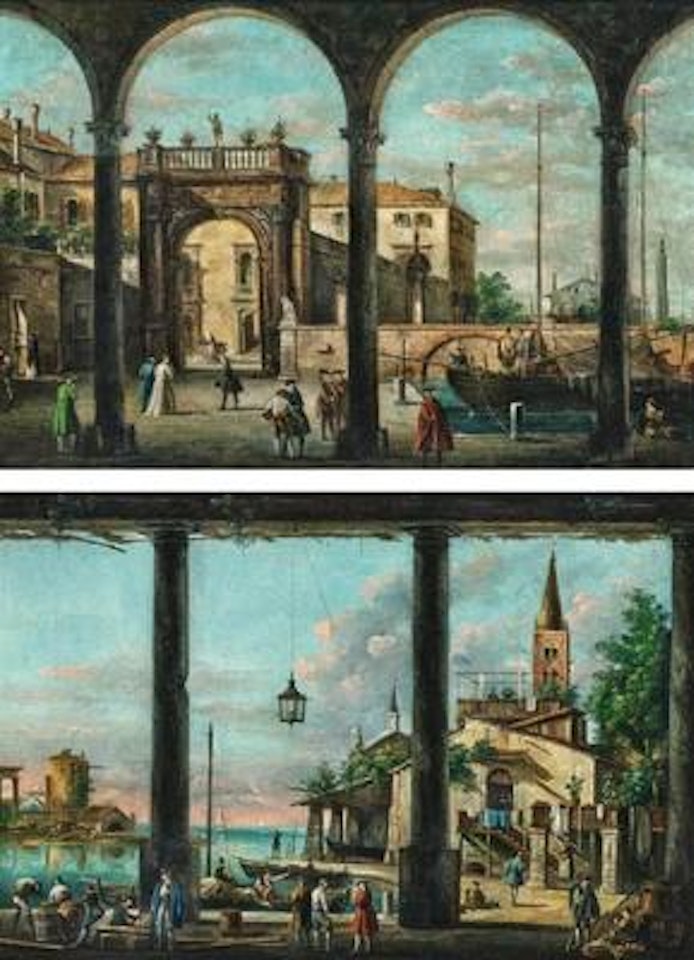 A capriccio with a palace by a canal;; A capriccio with a church and a house on the lagune by Giuseppe Bernardino Bison